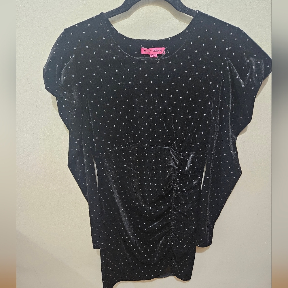 Betsey Johnson Black Silver Crushed Velvet Polka Dot Holiday Above Knee Dress MD